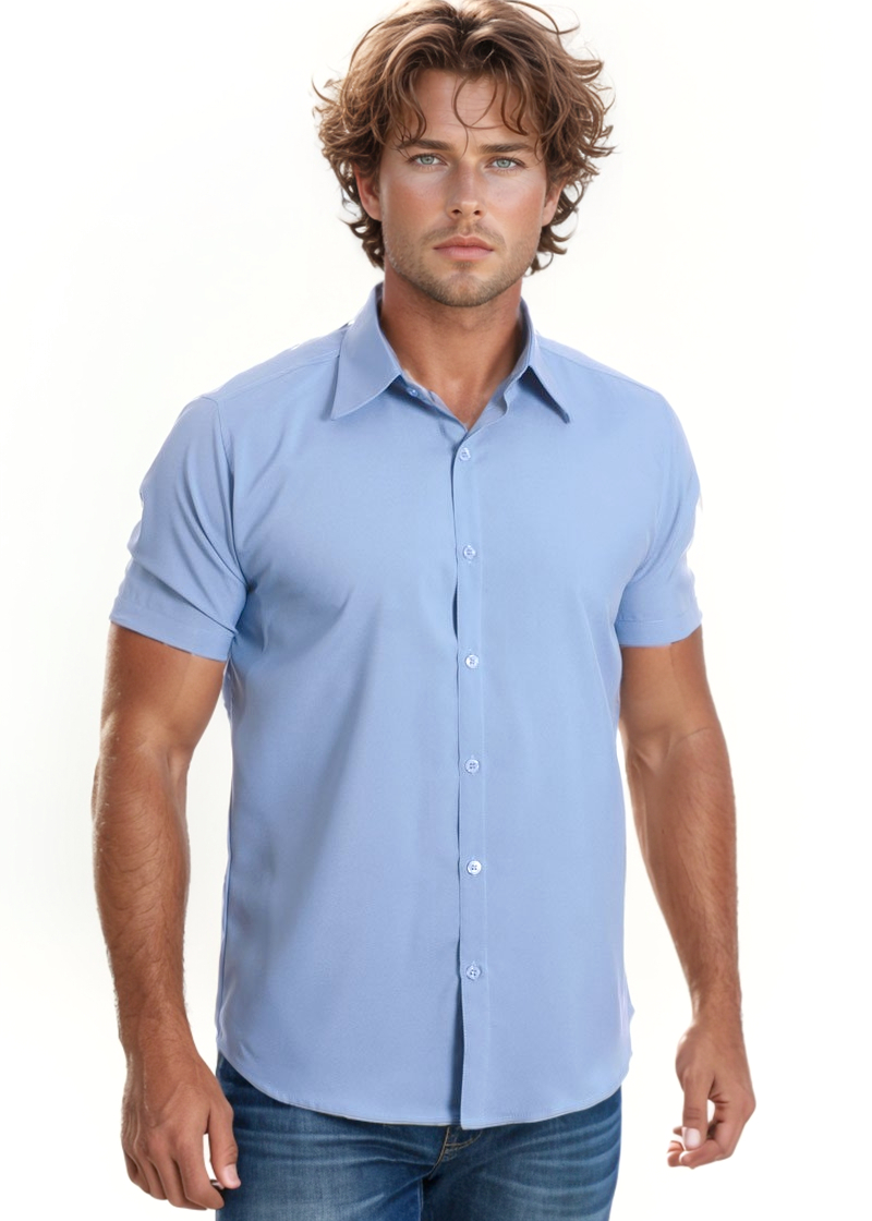 Camisa social masculina de algodão manga curta, azul claro