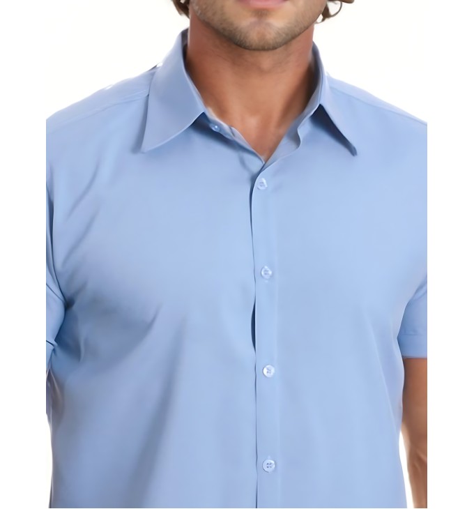 Camisa social masculina de algodão manga curta, azul claro