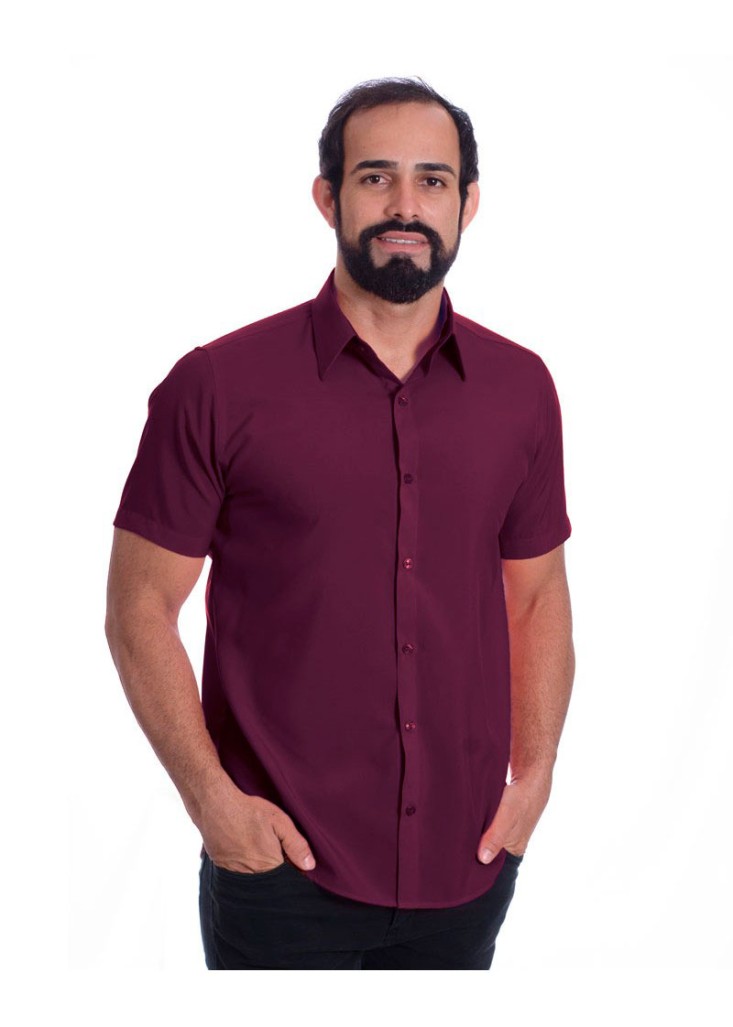 Camisa social masculina de algodão manga curta, bordô