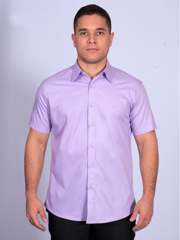 Camisa social masculina de algodão manga curta lilás
