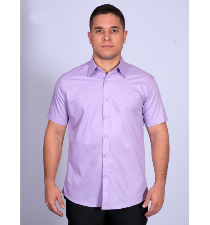 Camisa social masculina de algodão manga curta lilás Camisa social masculina de algodão manga curta lilás