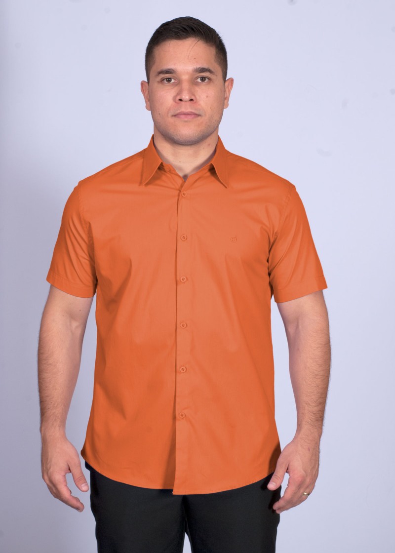 Camisa social laranja masculina de algodão manga curta