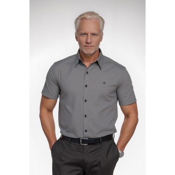 Camisa social masculina de algodão manga curta cinza mescla