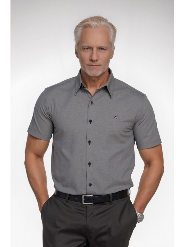 Camisa social masculina de algodão manga curta cinza mescla Camisa social masculina de algodão manga curta cinza mescla