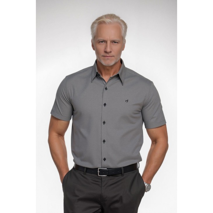 Camisa social masculina de algodão manga curta cinza mescla