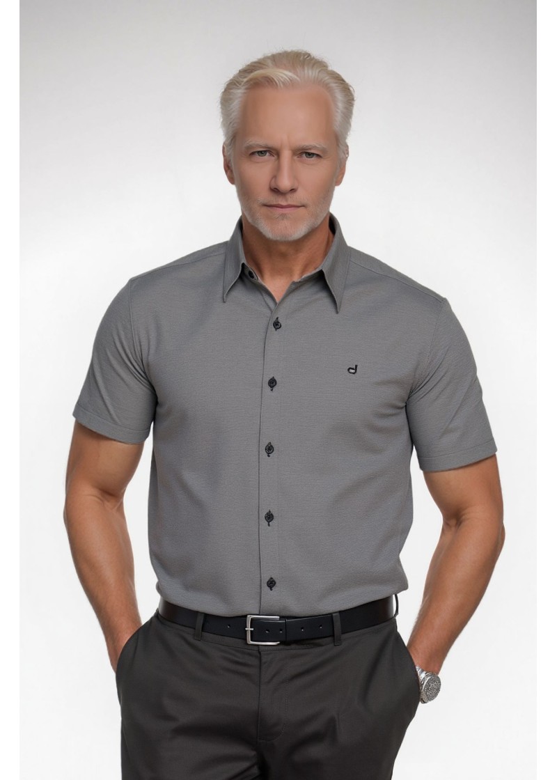 Camisa social masculina de algodão manga curta cinza mescla