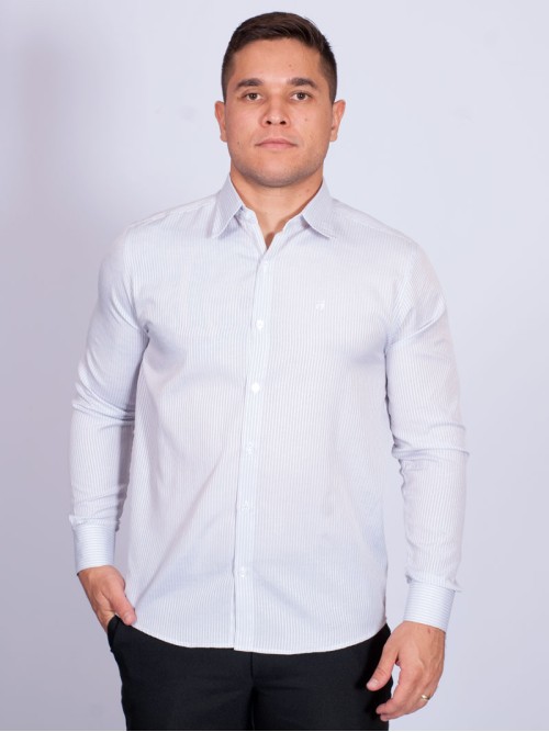 Camisa listrada cinza masculina manga longa de tricoline