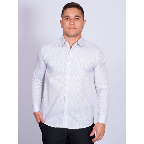Camisa listrada cinza masculina manga longa de tricoline