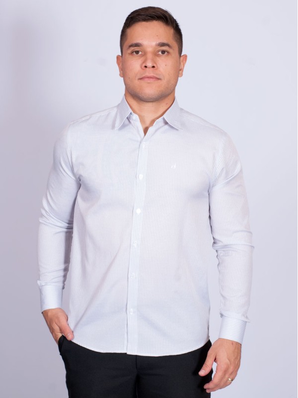 Camisa listrada cinza masculina manga longa de tricoline Camisa listrada cinza masculina manga longa de tricoline