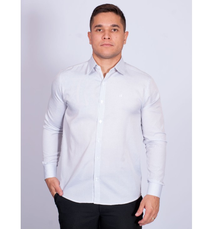 Camisa listrada cinza masculina manga longa de tricoline Camisa listrada cinza masculina manga longa de tricoline