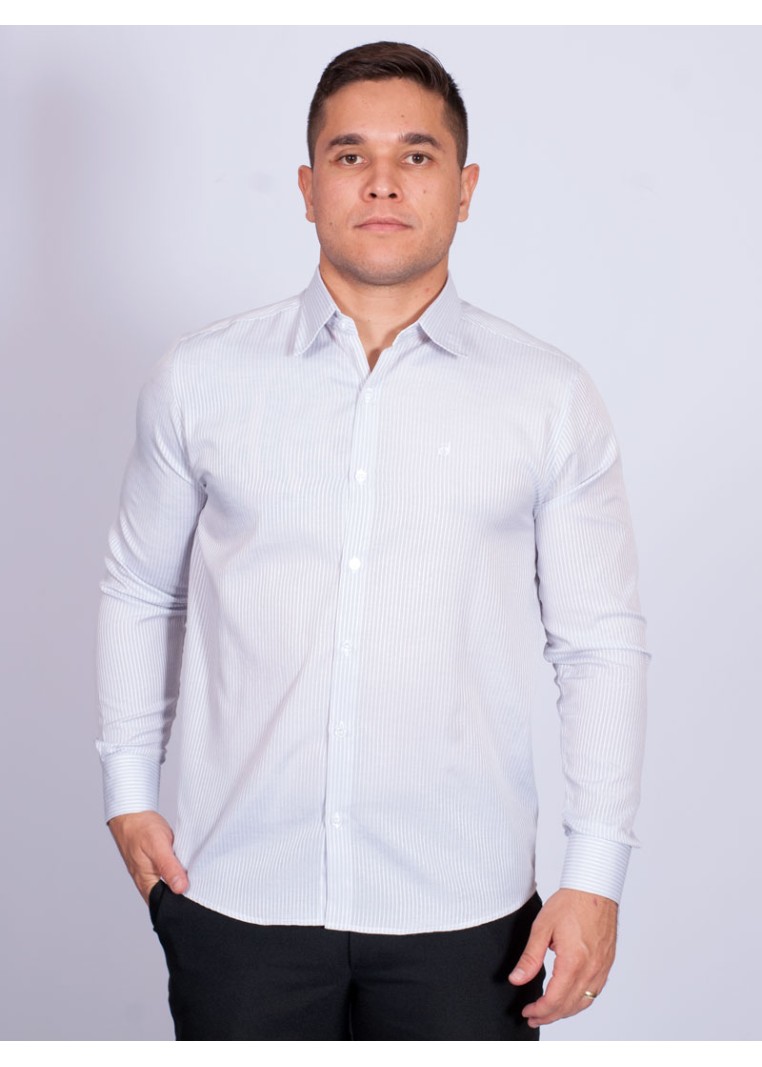 Camisa listrada cinza masculina manga longa de tricoline
