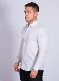 Camisa listrada cinza masculina manga longa de tricoline