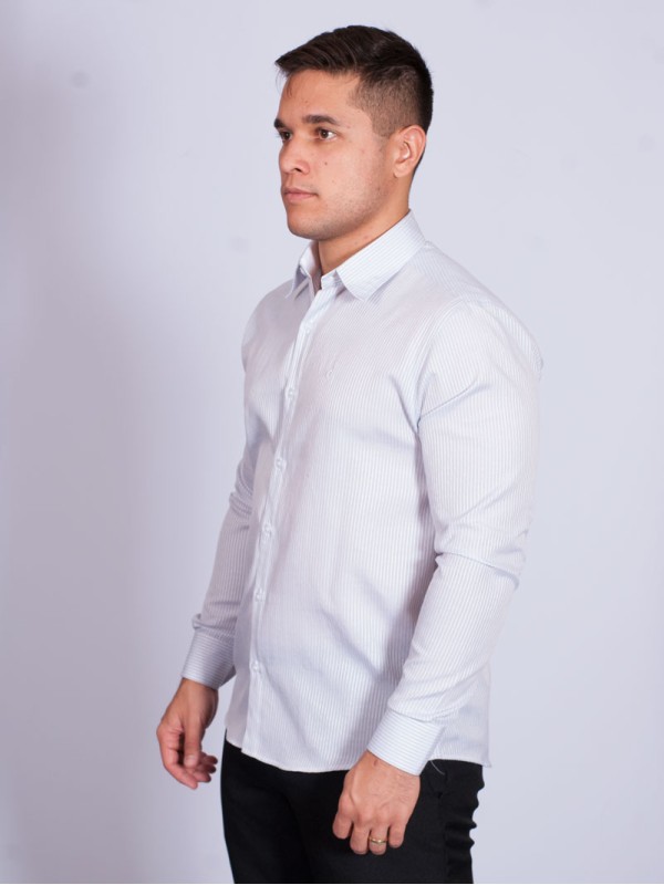 Camisa listrada cinza masculina manga longa de tricoline Camisa listrada cinza masculina manga longa de tricoline