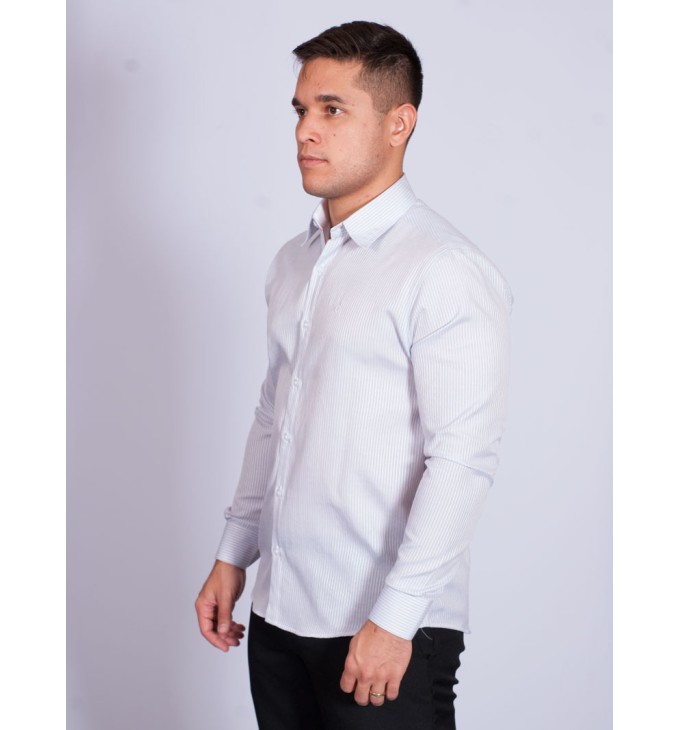 Camisa listrada cinza masculina manga longa de tricoline Camisa listrada cinza masculina manga longa de tricoline