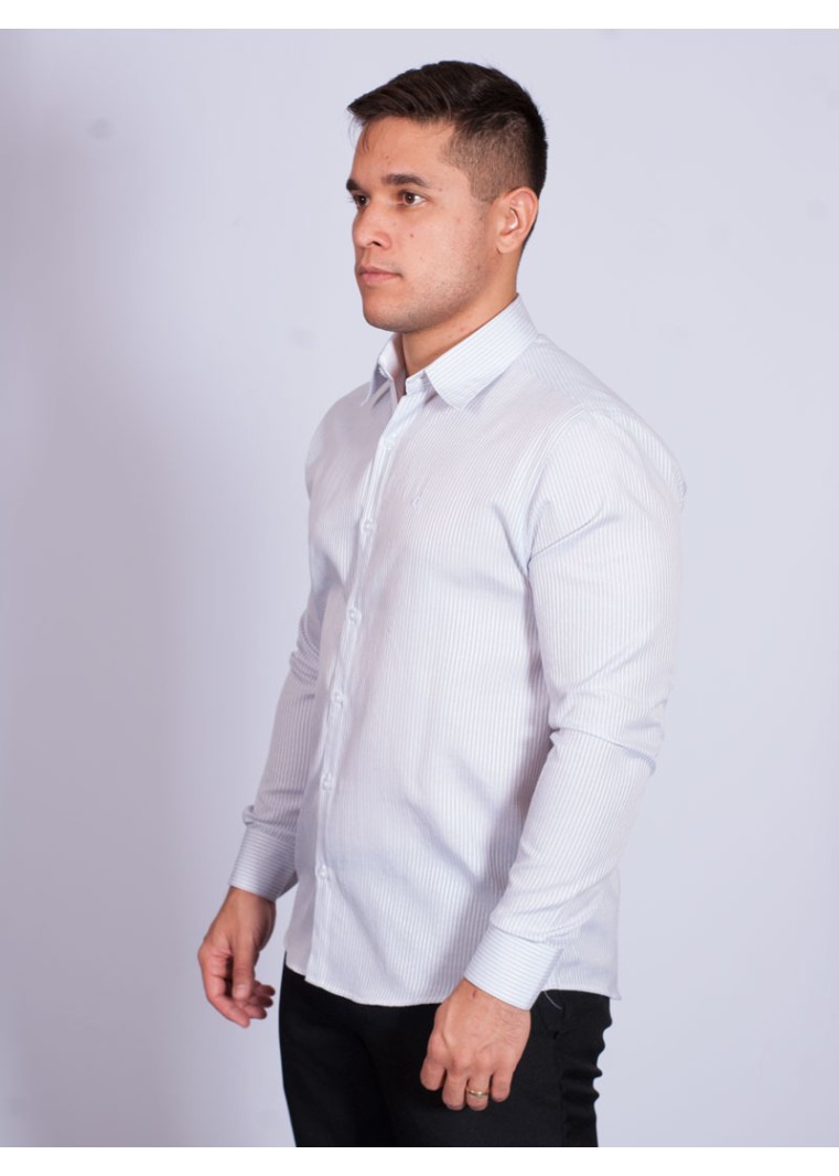 Camisa listrada cinza masculina manga longa de tricoline