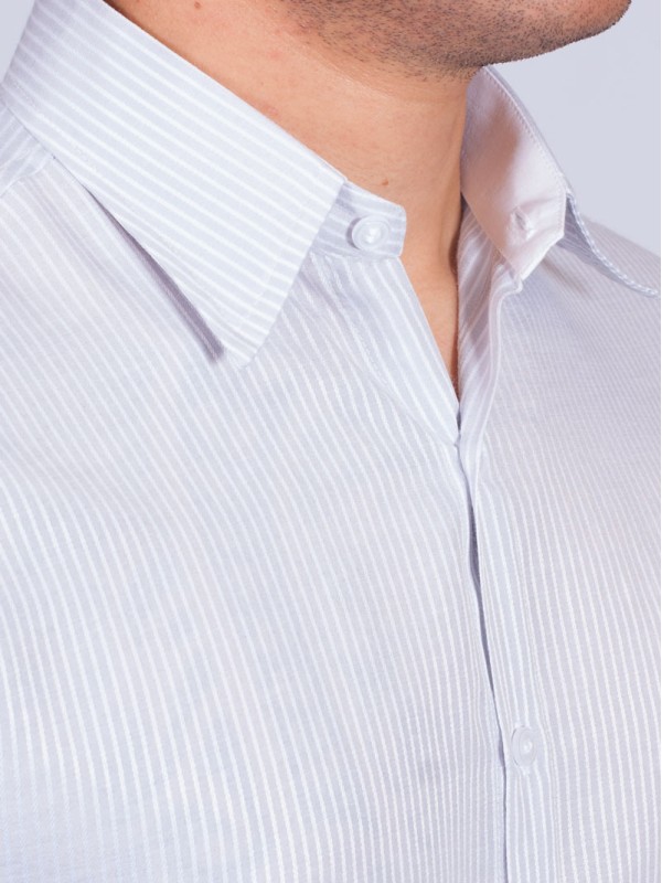 Camisa listrada cinza masculina manga longa de tricoline Camisa listrada cinza masculina manga longa de tricoline