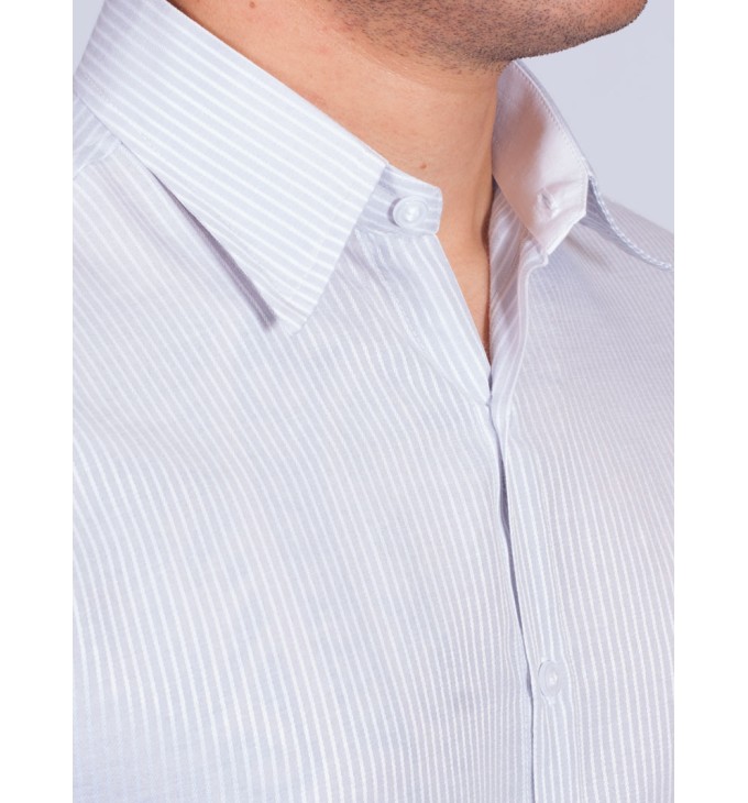 Camisa listrada cinza masculina manga longa de tricoline Camisa listrada cinza masculina manga longa de tricoline
