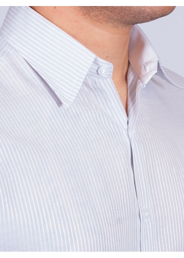 Camisa listrada cinza masculina manga longa de tricoline