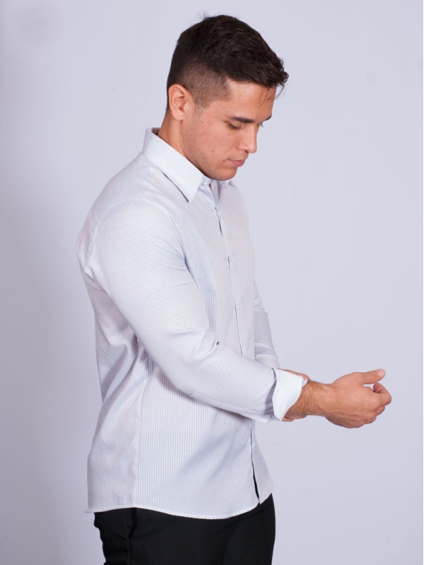 Camisa listrada cinza masculina manga longa de tricoline Camisa listrada cinza masculina manga longa de tricoline