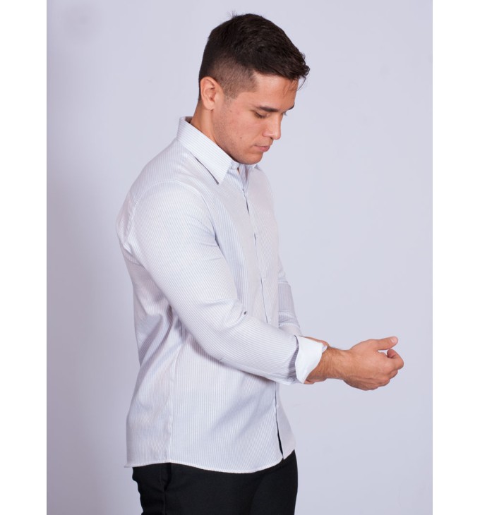 Camisa listrada cinza masculina manga longa de tricoline Camisa listrada cinza masculina manga longa de tricoline