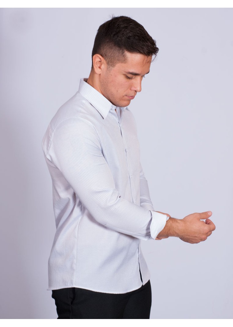 Camisa listrada cinza masculina manga longa de tricoline