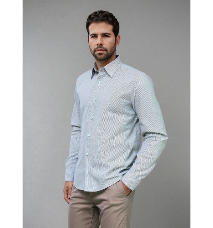 Camisa Social Clássica Listrada Verde e Branco Camisa Social Clássica Listrada Verde e Branco