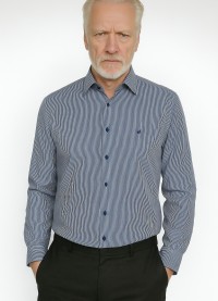 Camisa Social Masculina Listrada Azul Marinho em Algodão Tradicional