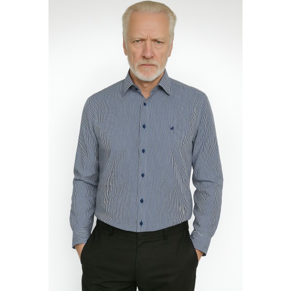 Camisa Social Masculina Listrada Azul Marinho em Algodão Tradicional