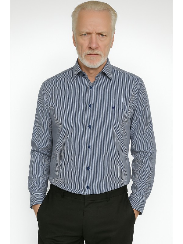 Camisa Social Masculina Listrada Azul Marinho em Algodão Tradicional Camisa Social Masculina Listrada Azul Marinho em Algodão Tradicional