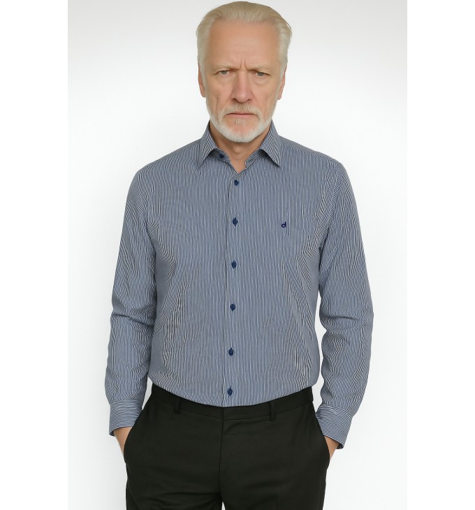 Camisa Social Masculina Listrada Azul Marinho em Algodão Tradicional Camisa Social Masculina Listrada Azul Marinho em Algodão Tradicional