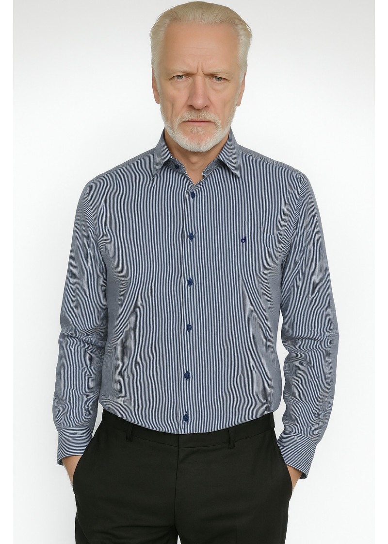 Camisa Social Masculina Listrada Azul Marinho em Algodão Tradicional