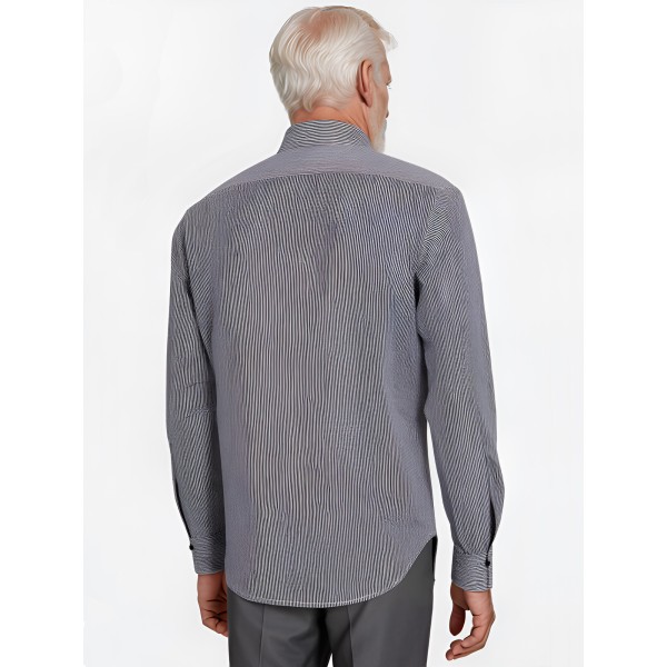 Camisa Social Masculina Listrada Azul Marinho em Algodão Tradicional