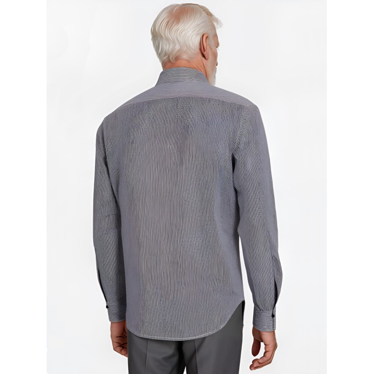 Camisa Social Masculina Listrada Azul Marinho em Algodão Tradicional