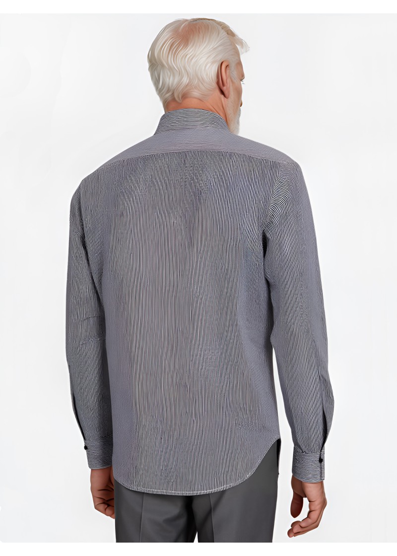 Camisa Social Masculina Listrada Azul Marinho em Algodão Tradicional