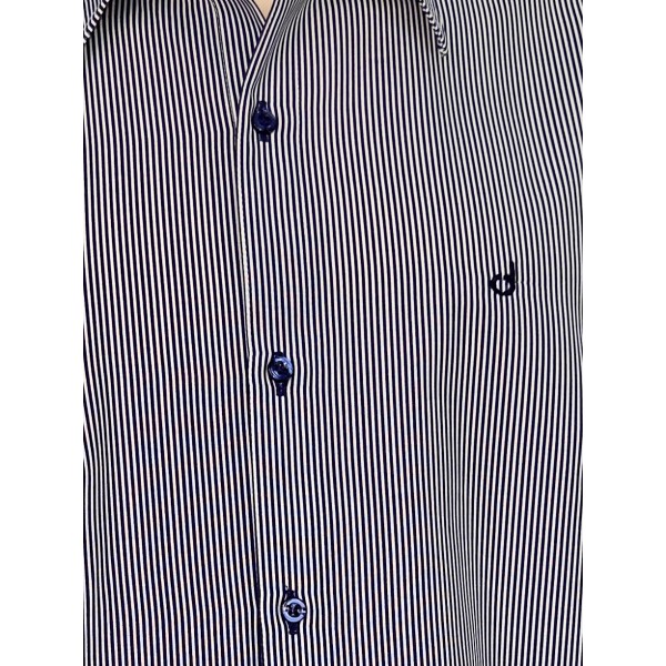 Camisa Social Masculina Listrada Azul Marinho em Algodão Tradicional