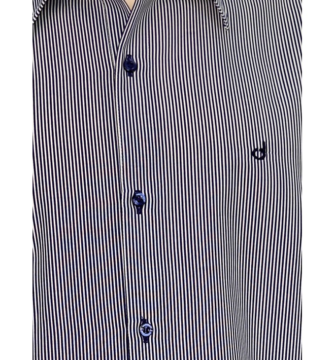 Camisa Social Masculina Listrada Azul Marinho em Algodão Tradicional Camisa Social Masculina Listrada Azul Marinho em Algodão Tradicional