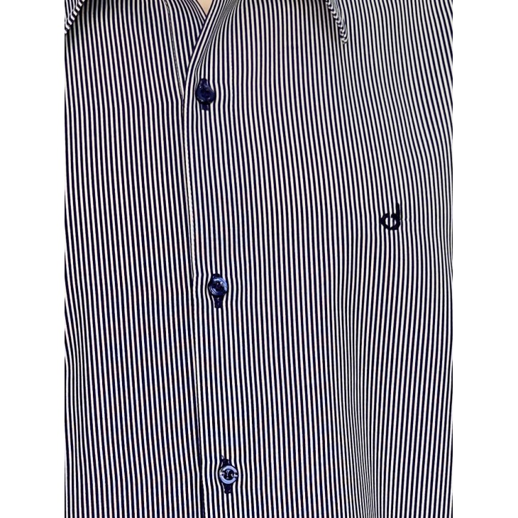 Camisa Social Masculina Listrada Azul Marinho em Algodão Tradicional