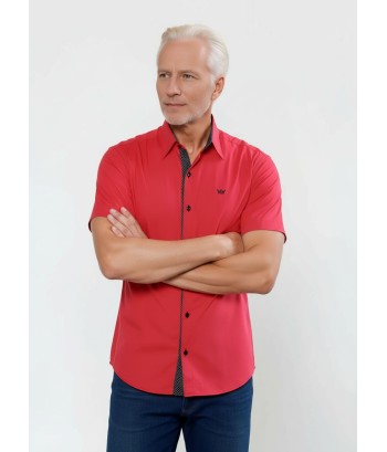 Camisa masculina de tricoline manga curta com detalhe de bolinha, vermelha