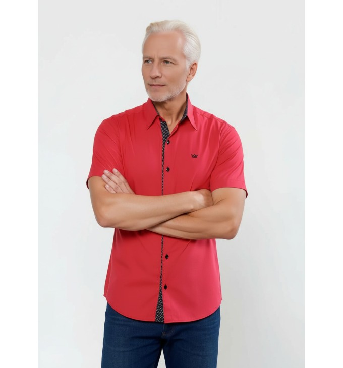 Camisa masculina de tricoline manga curta com detalhe de bolinha, vermelha