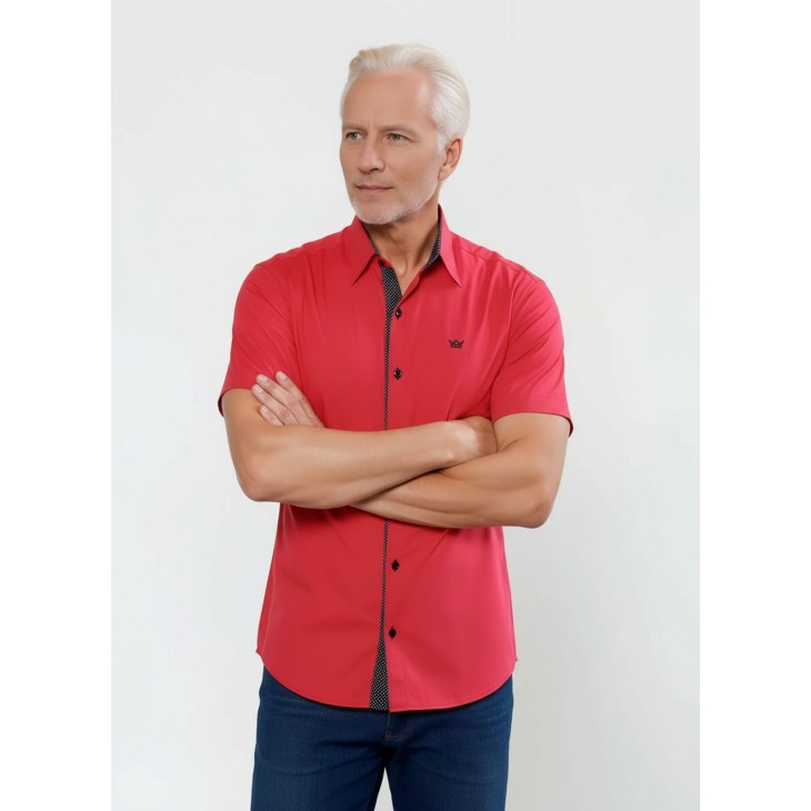 Camisa masculina de tricoline manga curta com detalhe de bolinha, vermelha