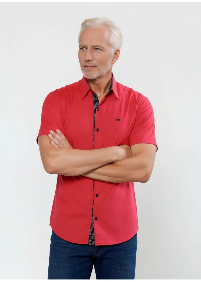 Camisa masculina de tricoline manga curta com detalhe de bolinha, vermelha