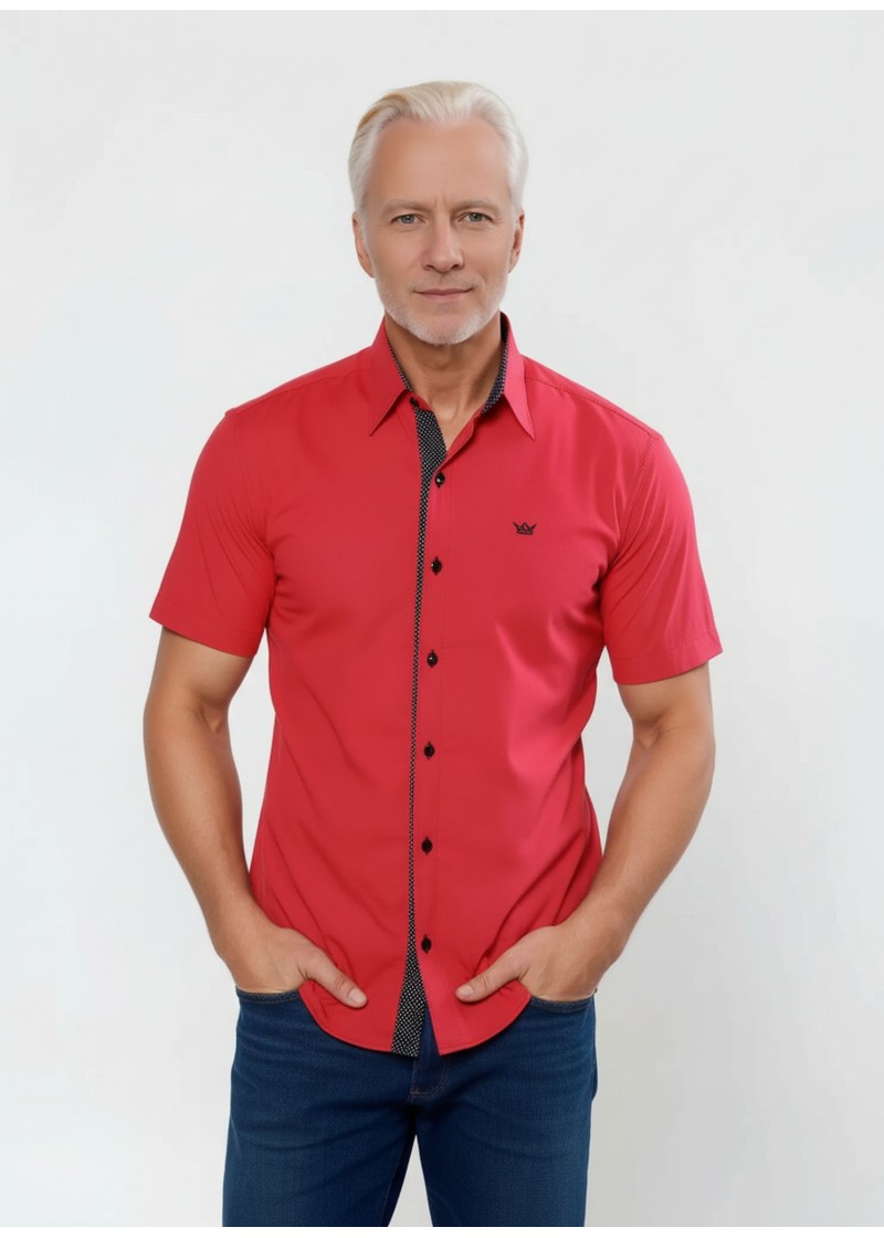 Camisa masculina de tricoline manga curta com detalhe de bolinha, vermelha