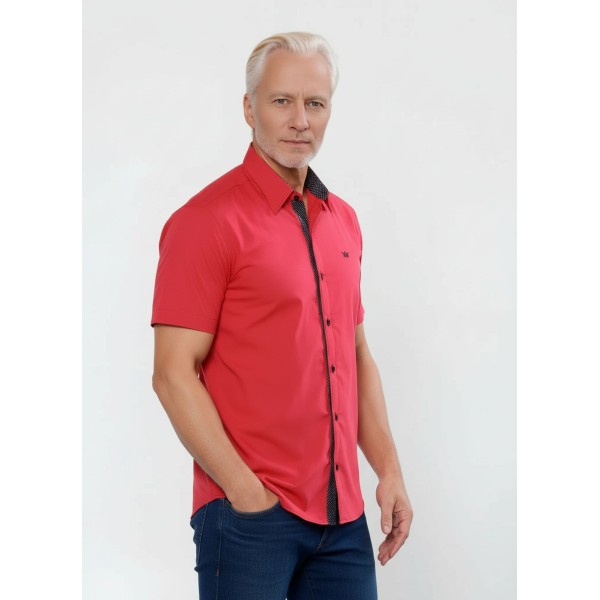Camisa masculina de tricoline manga curta com detalhe de bolinha, vermelha