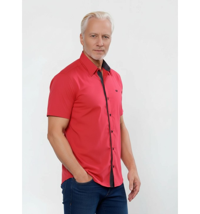 Camisa masculina de tricoline manga curta com detalhe de bolinha, vermelha