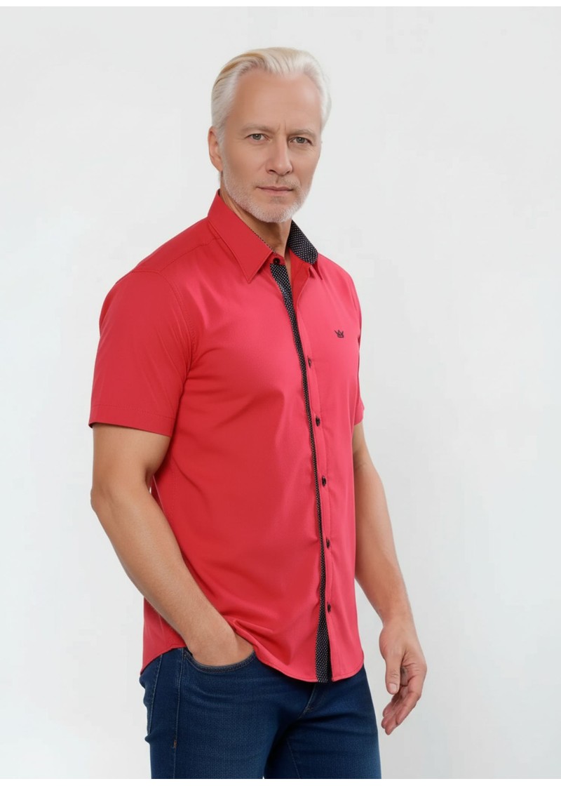 Camisa masculina de tricoline manga curta com detalhe de bolinha, vermelha