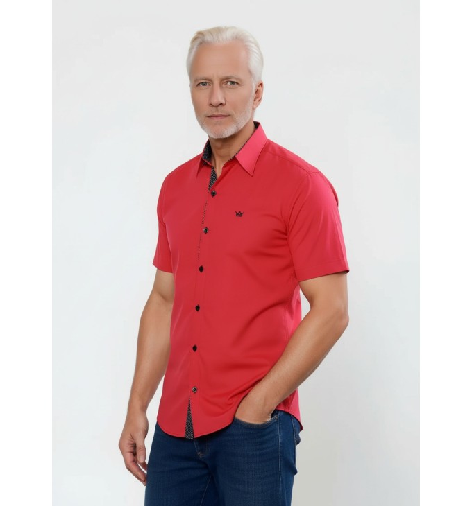 Camisa masculina de tricoline manga curta com detalhe de bolinha, vermelha