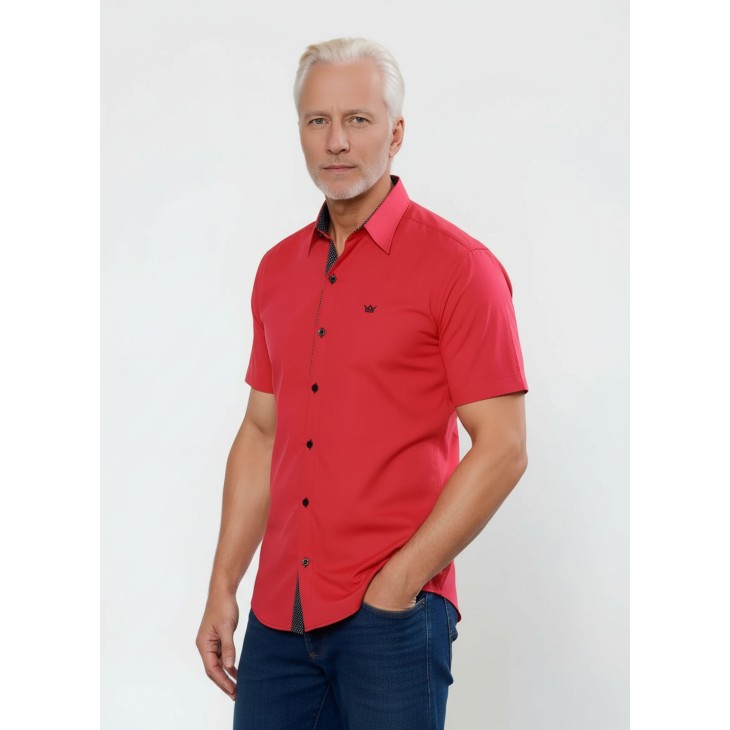 Camisa masculina de tricoline manga curta com detalhe de bolinha, vermelha