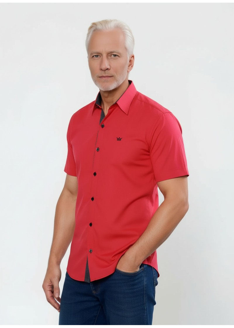 Camisa masculina de tricoline manga curta com detalhe de bolinha, vermelha