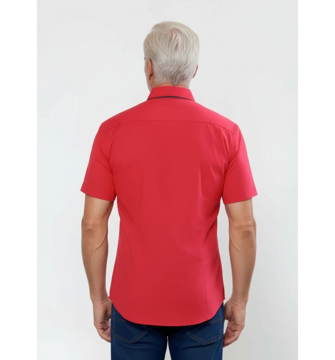 Camisa masculina de tricoline manga curta com detalhe de bolinha, vermelha