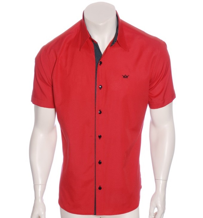 Camisa masculina de tricoline manga curta com detalhe de bolinha, vermelha Camisa masculina de tricoline manga curta com detalhe de bolinha, vermelha
